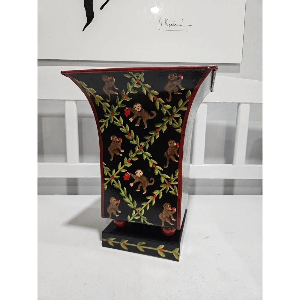 Vintage Toleware Vase or Cachepot Feat. Handpainted Monkeys & Vines